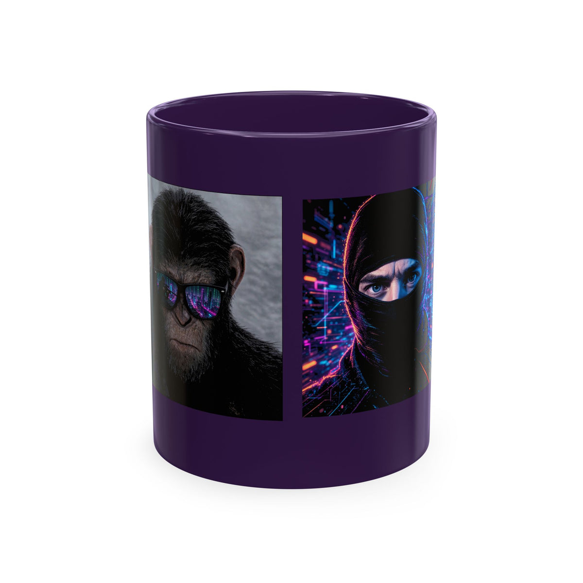 Cyber Ape & Ninja Ceramic Mug — Retro Futuristic Gamer Coffee Cup