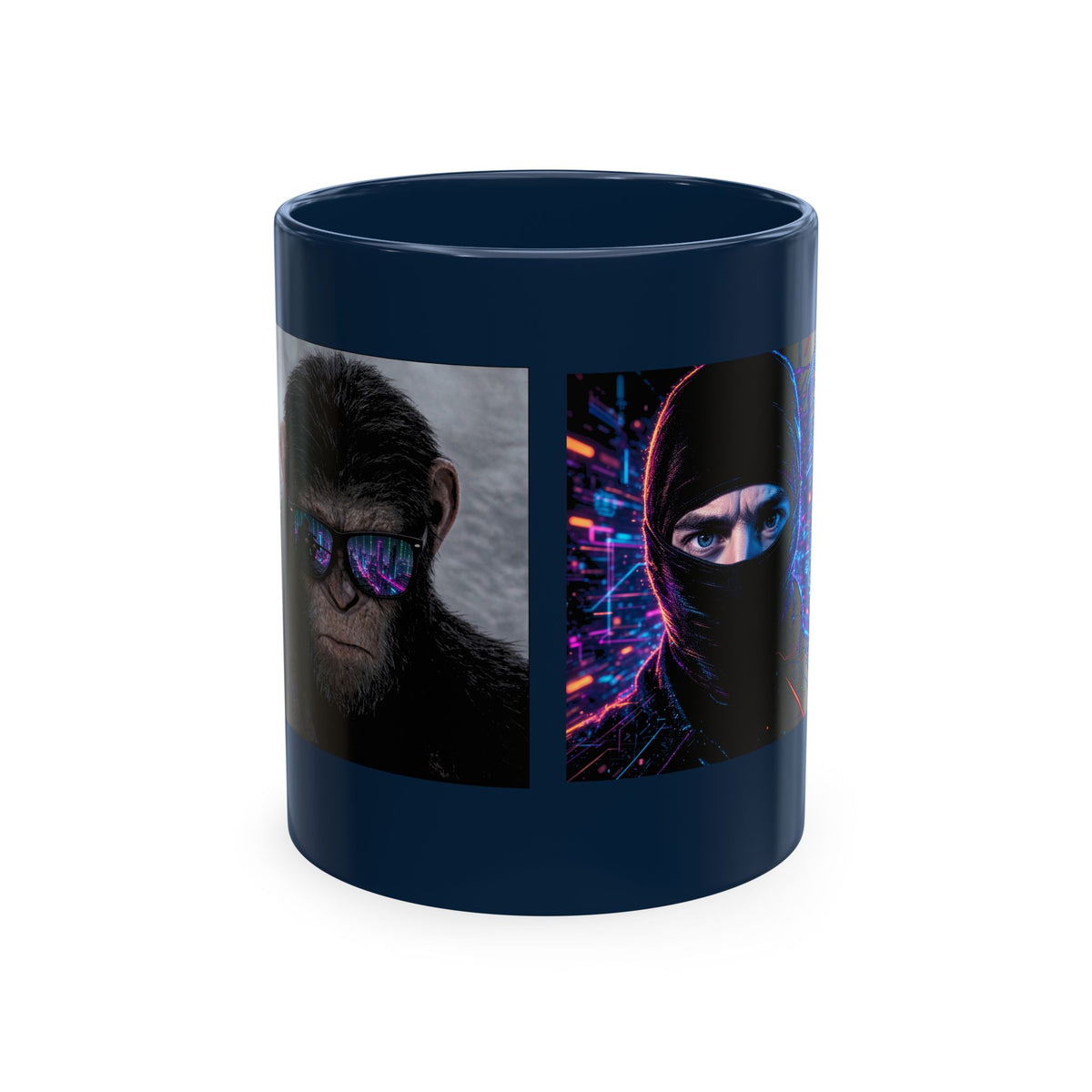 Cyber Ape & Ninja Ceramic Mug — Retro Futuristic Gamer Coffee Cup