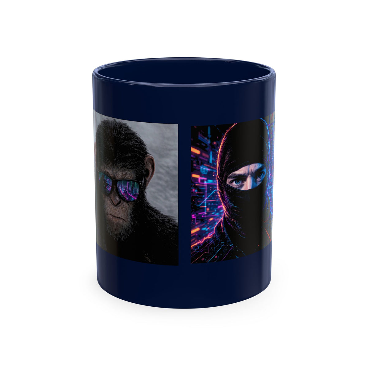 Cyber Ape & Ninja Ceramic Mug — Retro Futuristic Gamer Coffee Cup