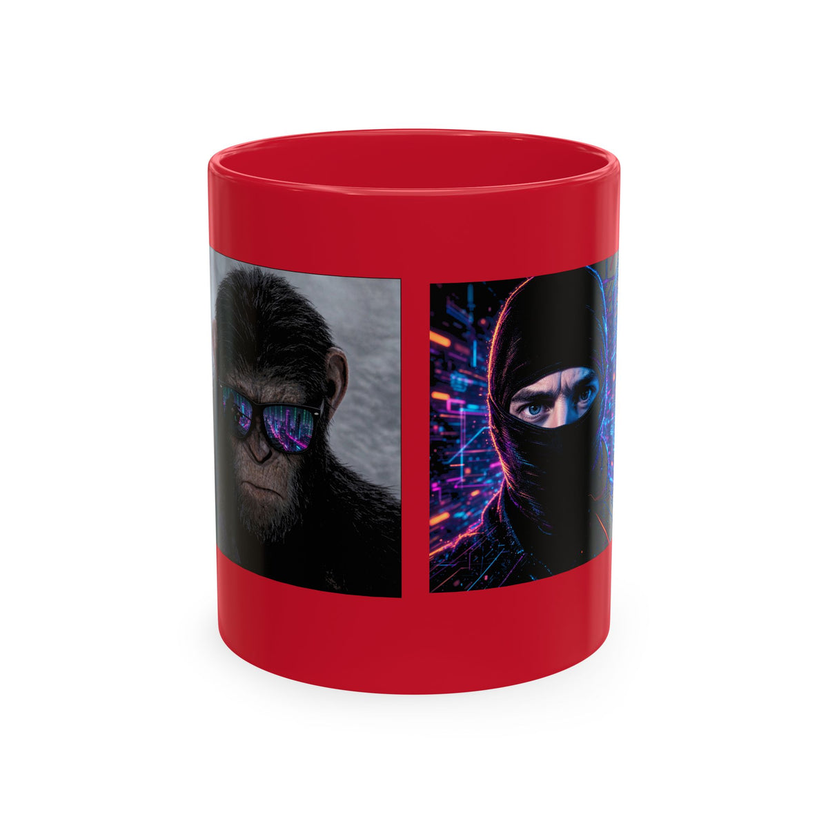 Cyber Ape & Ninja Ceramic Mug — Retro Futuristic Gamer Coffee Cup