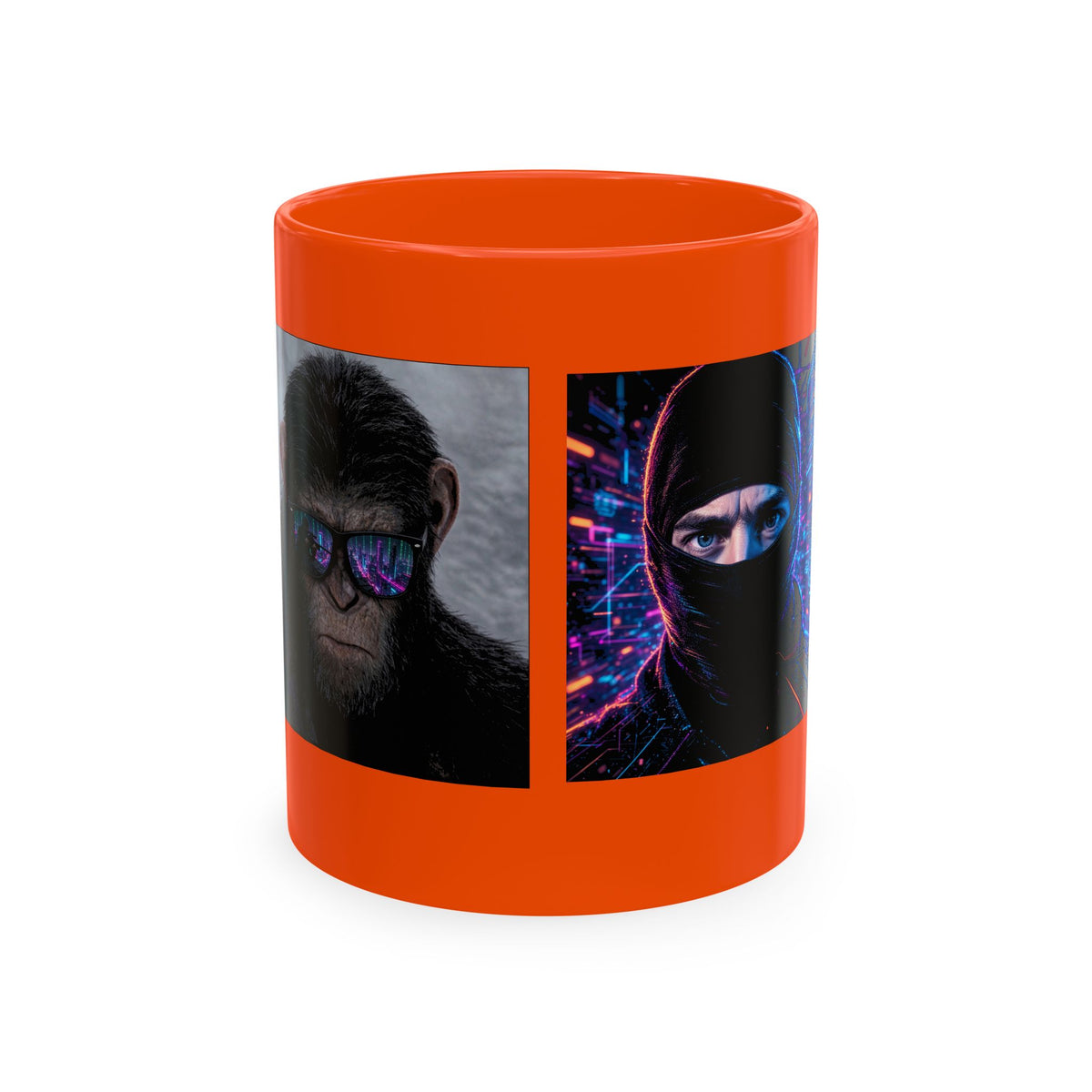 Cyber Ape & Ninja Ceramic Mug — Retro Futuristic Gamer Coffee Cup