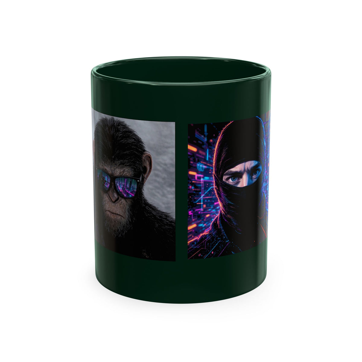 Cyber Ape & Ninja Ceramic Mug — Retro Futuristic Gamer Coffee Cup