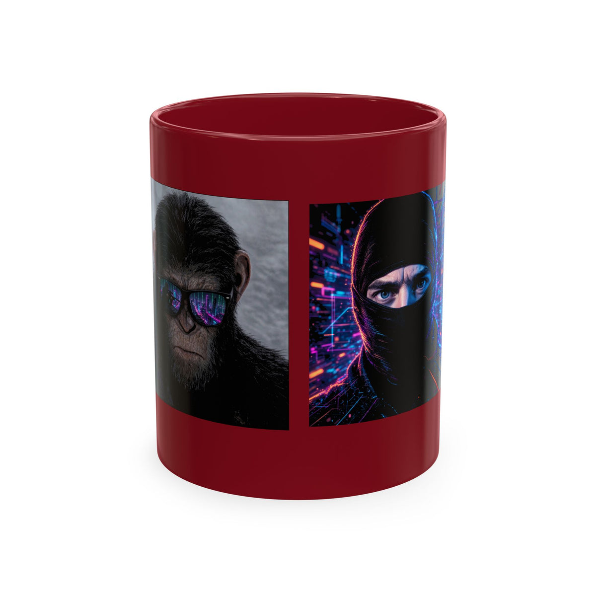 Cyber Ape & Ninja Ceramic Mug — Retro Futuristic Gamer Coffee Cup