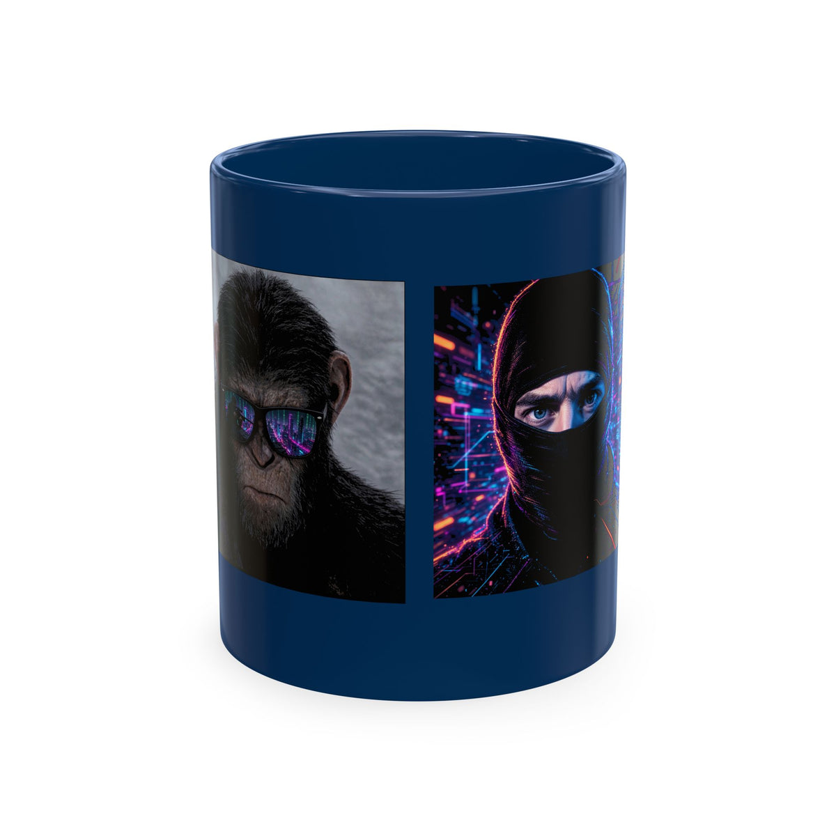 Cyber Ape & Ninja Ceramic Mug — Retro Futuristic Gamer Coffee Cup