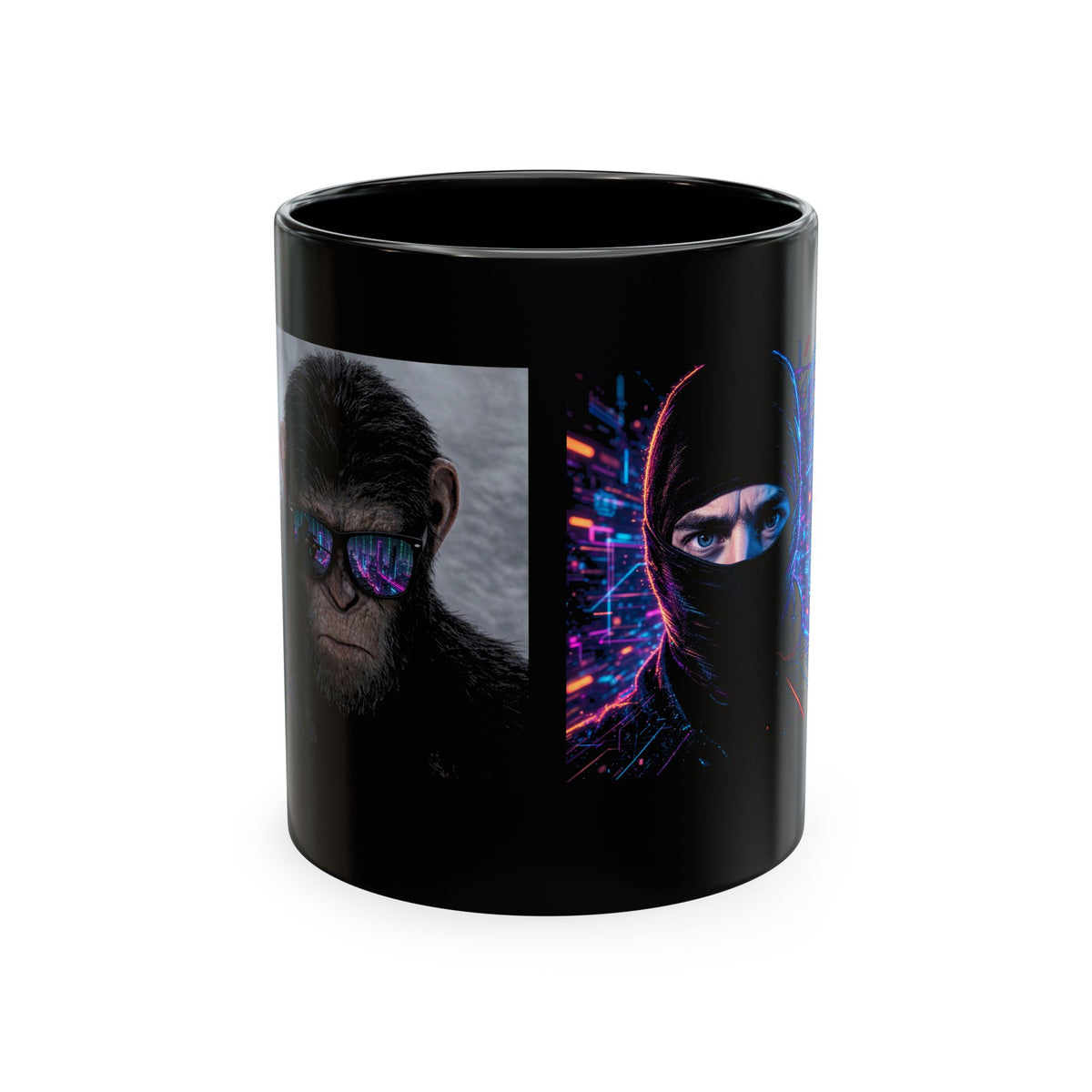 Cyber Ape & Ninja Ceramic Mug — Retro Futuristic Gamer Coffee Cup
